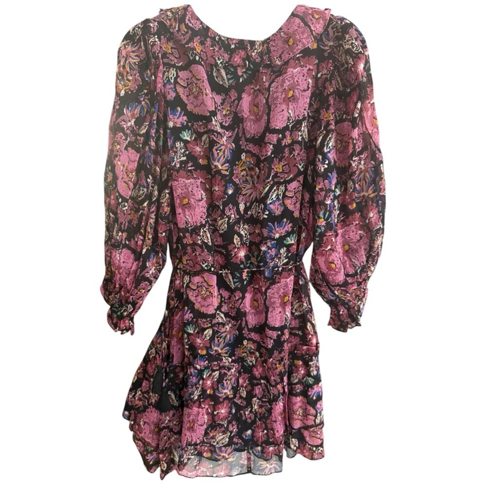 Cleobella Floral Boho Mini Dress Pink Black Sheer Sleeve Tie Waist L - Picture 6 of 7
